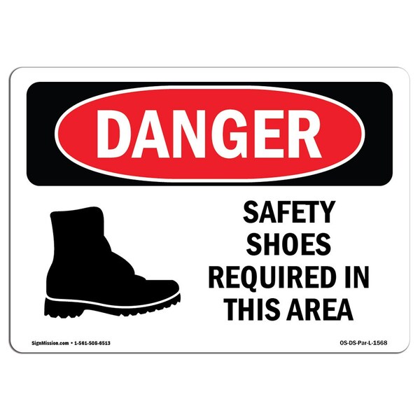 OSHA Sign, Shoes Required Area Symbol, 18in X 12in Rigid Plastic, 18" W, 12" H, Landscape